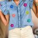 Blue Sequin Floral Ruffle Sleeve Denim Top with a Southern Belle Twist