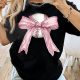 Bowknot Print Baseball Black Round Neck Graphic Tee