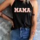 Chic Black Chenille "MAMA" Patch Round Neck Tank Top