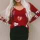 Chic Red Sequin Heart V-Neck Top with Sandalwood Detail